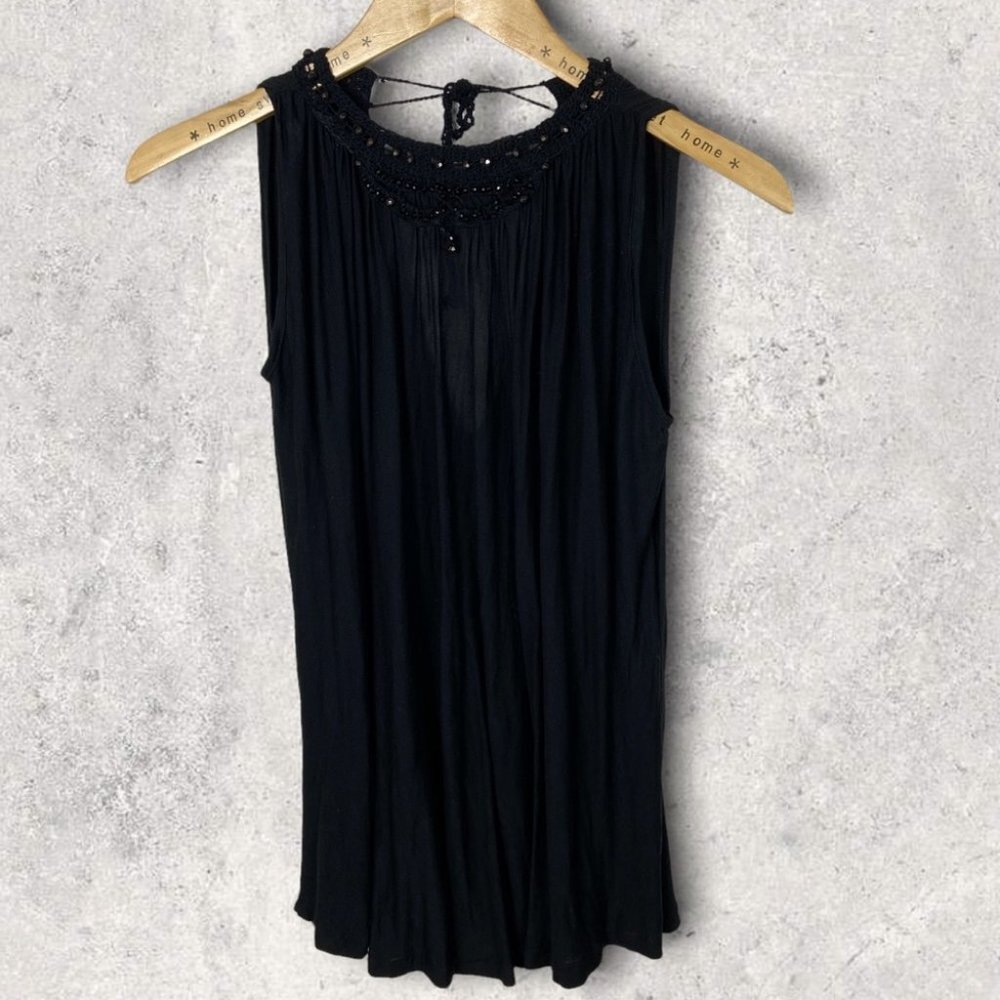 Free People Beaded Crew Neck‎ Tunic Top Black Oversized Bohemian Tie Back Long S